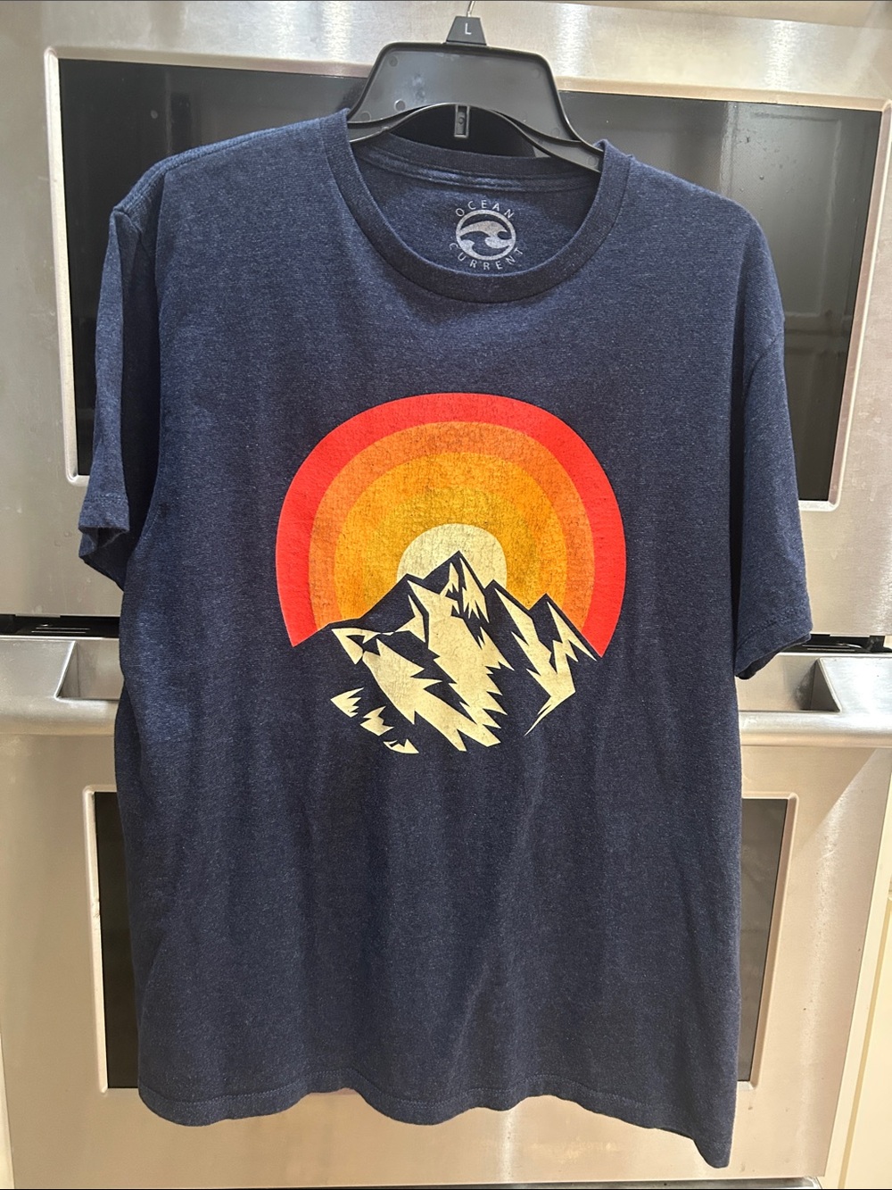 Ocean Current Navy Short-Sleeve Tee with Sunset Mountain Graphic